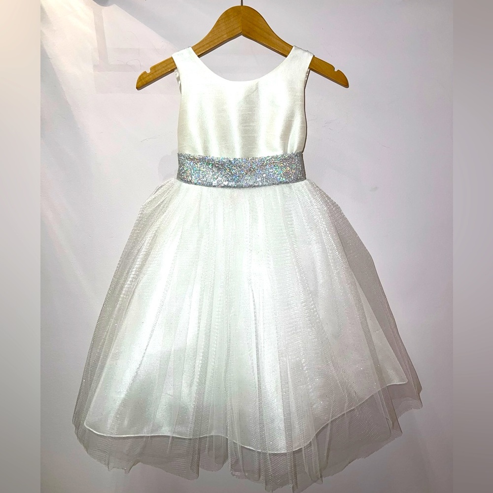 Girls’ Silver Sequin Back V Dress